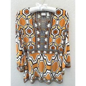 CHICO’S Retro Geometric Print Tunic Top 3/4 Bell Sleeve Stretch | Size 1 Medium